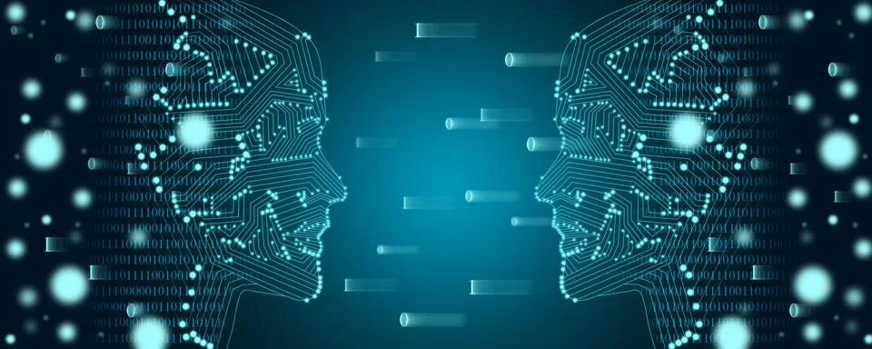 Big data and machine learning concept. Two male faces outline with binary data Stock Illustration