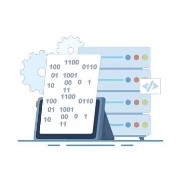 Big Data Application Concept.Data Server with Tablet. Important data storage. Illustrazione stock