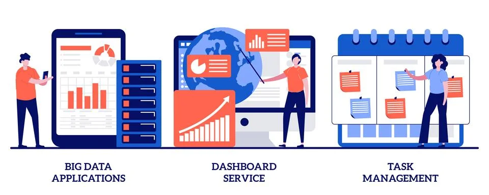 Big data applications, dashboard service, task management concept with tiny.. Stock Illustration