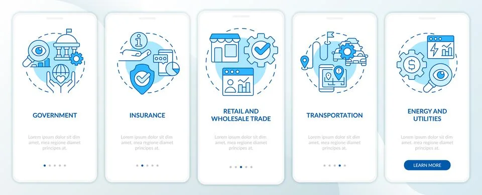 Big data applications types blue onboarding mobile app screen Illustrazione stock