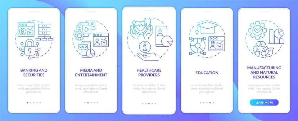 Big data applications types blue gradient onboarding mobile app screen Stock Illustration