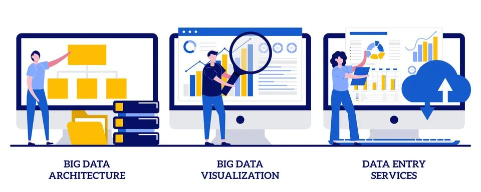 Big data architecture, big data visualization, data entry services concept .. Illustrazione stock