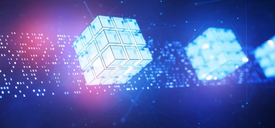 Big data. Binary code. Hacker attack. Blockchain. Artificial Intelligence. .. Stock Illustration