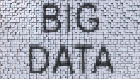 BIG DATA caption on fluctuating pixels background, 3D rendering 스톡 일러스트