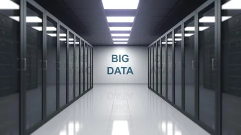 BIG DATA caption on the wall of a server room. 3D rendering Illustrazione stock