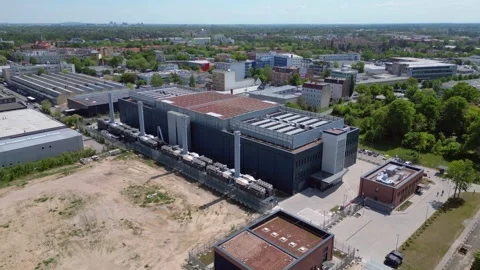 Big Data center cloud storage server Ai farm. Smooth aerial view flight drone Stock Footage 310586567