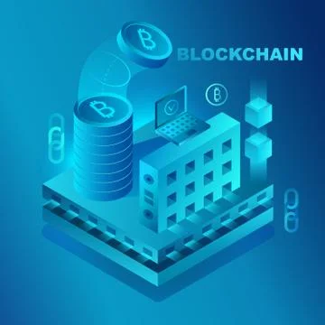 Big data center, cryptocurrency and blockchain isometric composition banner Stock Illustration