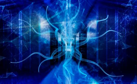 Big data center server room under attack of computer virus 3d rendering Stock Photos