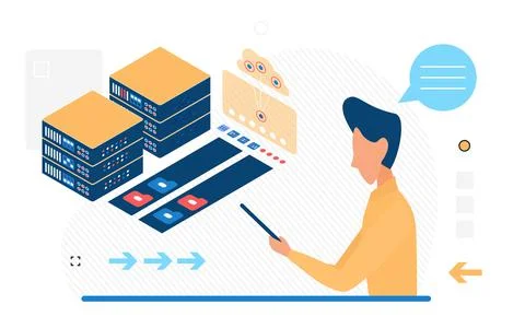 Big data center storing and processing system information Stock Illustration