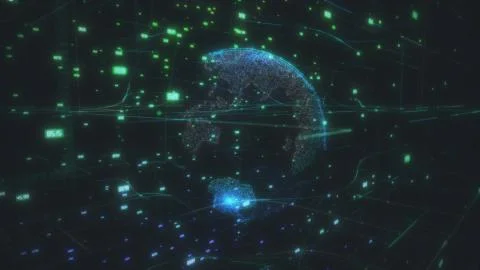 Big data cloud around digital earth data globe abstract 3D rendering network Illustrazione stock