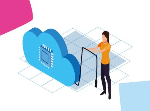 Big data colorful design with cloud storage and woman standing Stock Illustration