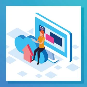 Big data colorful design with computer with woman and cloud storage Illustrazione stock