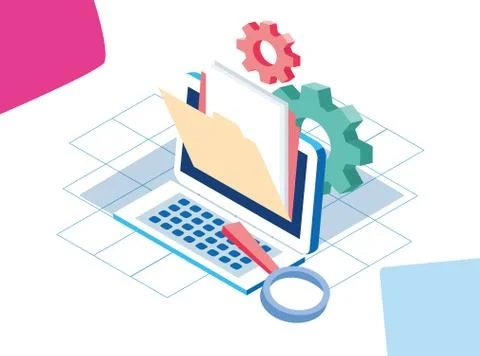 Big data colorful design with computer with folder and gear wheels Stock Illustration