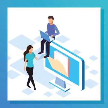 Big data colorful design with computer with woman and man Stock Illustration