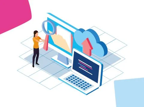 Big data colorful design with computers and woman with cloud storages Illustrazione stock