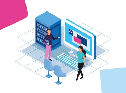 Big data colorful design with data servers and man and woman with big computer Illustrazione stock