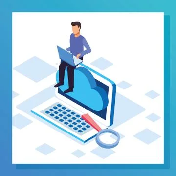Big data colorful design with man sitting on big laptop computer Illustrazione stock