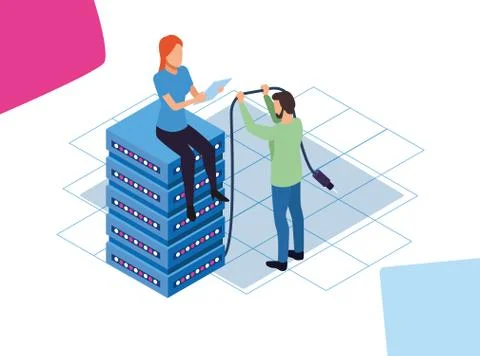 Big data colorful design with man and woman sitting on data center server Illustrazione stock