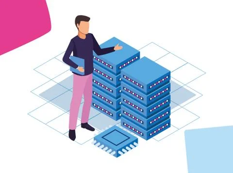 Big data colorful design with man with data center servers Stock Illustration