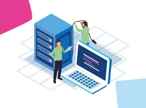 Big data colorful design with men with laptop computer and data center server Illustrazione stock
