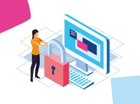 Big data colorful design with padlock, computer and woman Illustrazione stock