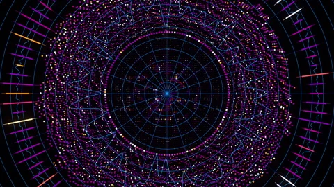 Big Data complex round graph animation. Top view on quantum computing universe Stock Footage 320398699