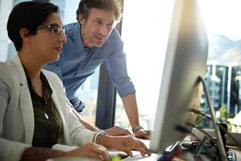 Big data, computer and communication of office worker people with web ux data Stock Photos