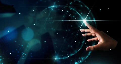 Big data computing concept. Digital neural network. Hand touching introductio Stock-Fotos