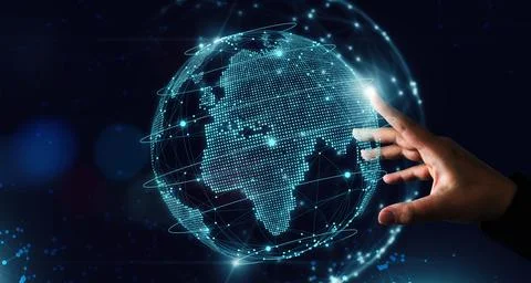 Big data computing concept. Digital neural network. Hand touching introduct.. Stock Photos