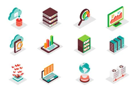 Big data concept 3d isometric icons set. Pack isometry elements of cloud Stock Illustration