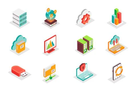 Big Data concept 3d isometric icons set. Bundle elements of server, internet Stock Illustration