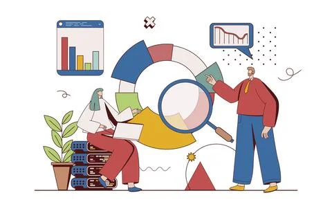Big data concept with character situation in flat design. Man and woman analy Stock Illustration