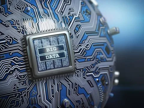 Big data concept. CPU processor with text big data on the spherical futuri... Foto stock