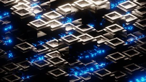 Big data concept. Data transfered with blue lights between blocks of Sci-Fi Stock Illustration