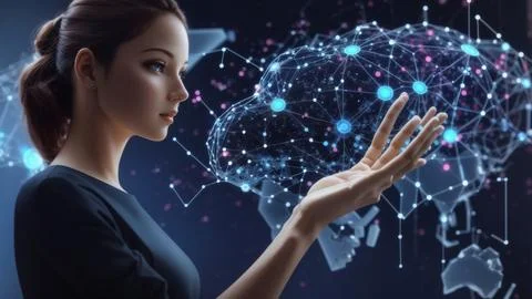Big data concept. digital neural network.business woman hand touching intro.. Stock Photos
