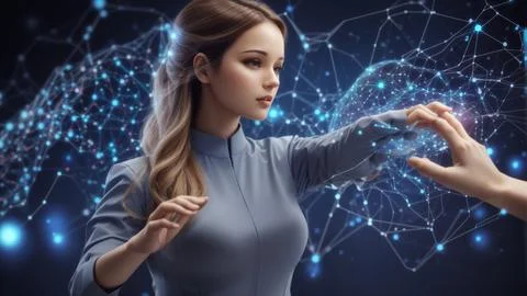 Big data concept. digital neural network.business woman hand touching intro.. Stock Photos