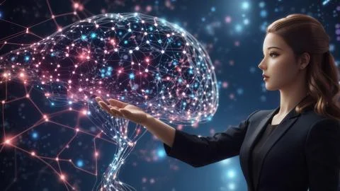 Big data concept. digital neural network.business woman hand touching intro.. Stock Photos