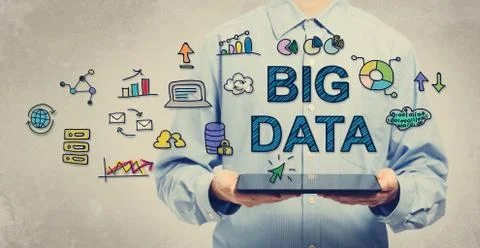 Big Data concept with man holding a tablet 스톡 일러스트