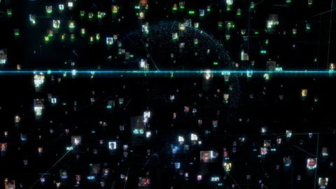 Big data concept with social network connecting people portraits linked by blue Stock Footage 317038621