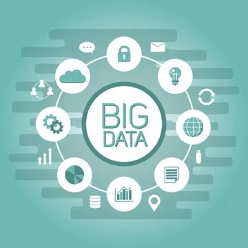 Big data concept surrounded computer files documents on green Stock Illustration