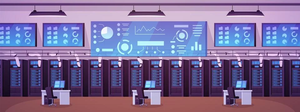 Big data control center interior, vector flat computer system equipment and Stockillustratie