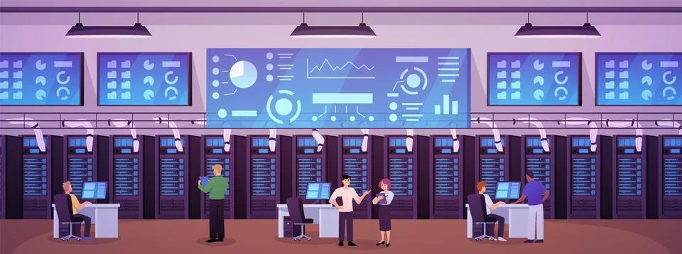 Big data control center with working people, vector flat administrators using イラスト素材