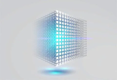 Big data cube. 3D geometric cube from small pieces. Data storage. Block chain Stock Photos