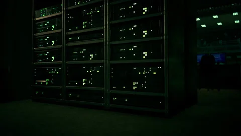 Big data dark server room with bright equipment Видео 229714289
