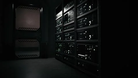 Big data dark server room with bright equipment Illustrazione stock