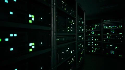 Big data dark server room with bright equipment 스톡 일러스트