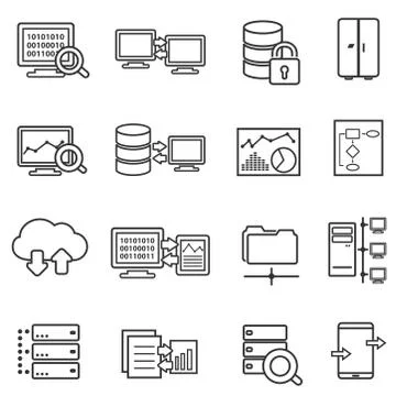 Big data, data analysis and data security line icons Stock Illustration