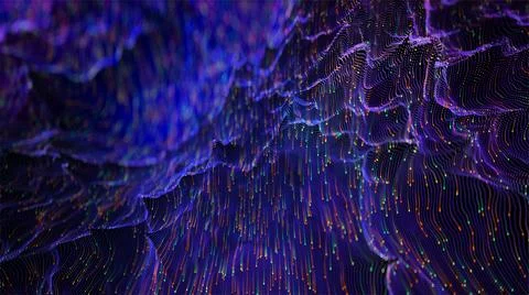 Big data digital background, violet dot waves with trails, anamorphical blur. Stock Illustration