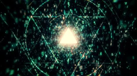 Big Data Digital Tunnel triangle with futuristic matrix. Network of particles Illustrazione stock