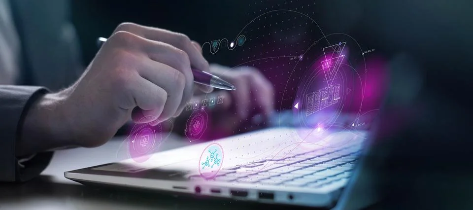 Big data engineer at the computer analyzes information Illustrazione stock